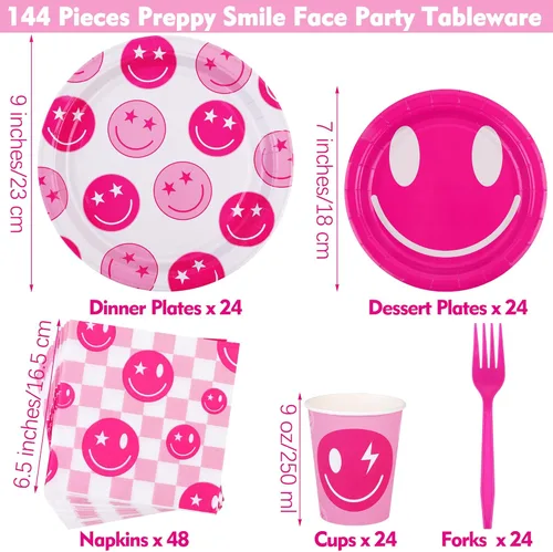 Miniatura 2 de durony 144 Piezas Decoraciones de Cumpleaños Preppy Cara Sonriente Rosa Juego de Vajilla Platos Sonrientes Preppy Tazas Servilletas y Tenedores