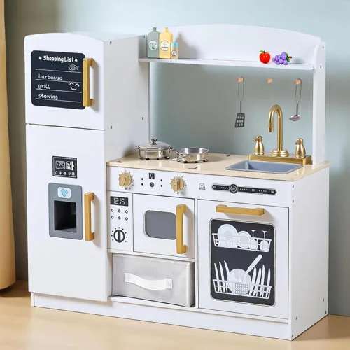Juego de Cocina de Juguete para Niños, Juego de Cocina de Madera para Niños con Luces y Sonidos Reales, Cocina Interactiva de Juguete con Cajas de