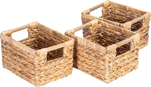 Miniatura 10 de Cesta de hierba marina natural con mango de madera, cesta de mimbre rectangular mediana para sala de estar, 12.2 x 8.9 x 6.7 pulgadas, paquete de 3