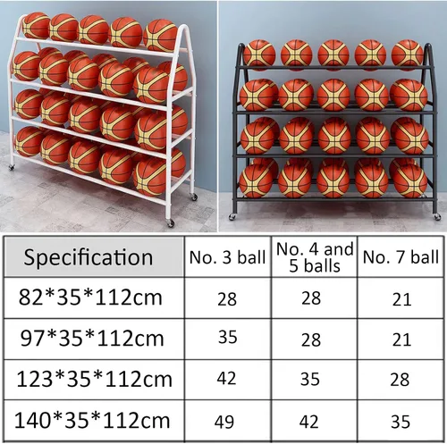 Miniatura 6 de Bastidores de pelotas para garaje, estante de baloncesto con ruedas para deportes al aire libre, aro de baloncesto de 4 niveles, 35 bolas