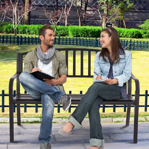 Miniatura 4 de Tangkula Banco de jardín de acero para exteriores de 50 pulgadas, banco de jardín con respaldo alto y reposabrazos inoxidables, banco ideal