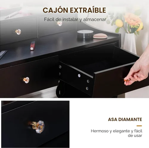 Miniatura 7 de COMHOMA Vanity Desk with LED Lights Mirror & Power Outlet, Small Makeup Vanity Table Set with 5 Storage Drawers, 3 Lighting Modes & Adjustable