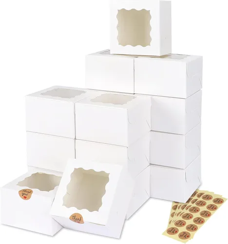 Miniatura 9 de Moretoes 120 cajas blancas para panadería, cajas de galletas de 4 x 4 x 2.5 pulgadas con ventana para pasteles pequeños, golosinas, donas, dulces