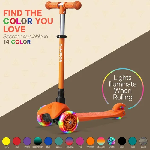 Miniatura 7 de Mini scooter naranja de 3 ruedas para niños, dirección por inclinación con ruedas LED iluminadas, manubrio ajustable, cubierta ancha antideslizante