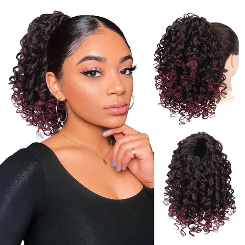 Miniatura 25 de PEACOCO Extensión de cola de caballo rizada con cordón para mujeres negras - Cola de caballo de 6 pulgadas con clip, postizo sintético de afro corto
