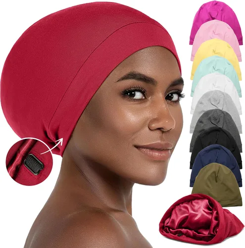 Miniatura 12 de CAPLORD Gorro de satén para dormir, envoltura de pelo rizado para hombres, gorros de seda ajustables para mujeres, gorro de seda para el cabello