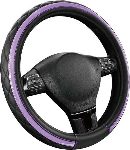 Miniatura 2 de Road Comforts Funda de Volante de Cuero – Negro y Morado, Ajuste Universal 14.5-15 Pulgadas, Cuero de Microfibra, Diseño Antideslizante y Púrpura