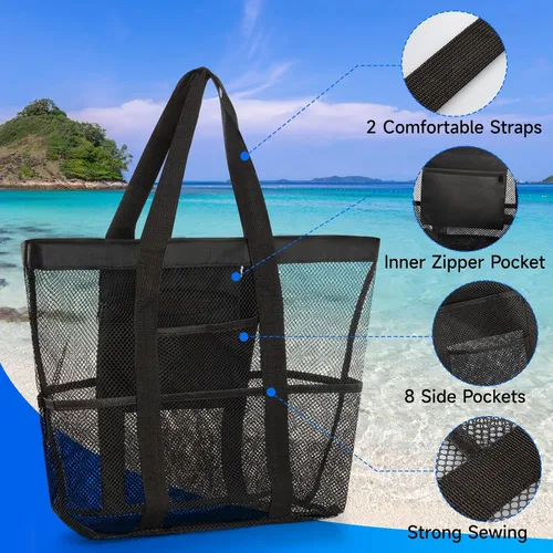 Miniatura 5 de Bolsa de playa de malla, bolsa de playa para mujer, impermeable, a prueba de arena, con bolsa de maquillaje de malla, artículos esenciales