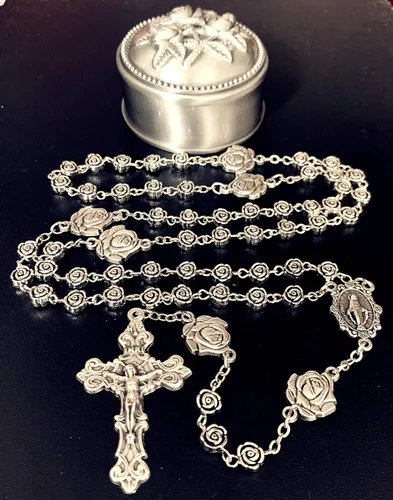 Miniatura 4 de elegantmedical Hecho a mano vintage plata rosa cuentas rosario católico collar cruz caja de regalo Italia crucifijo, Plata