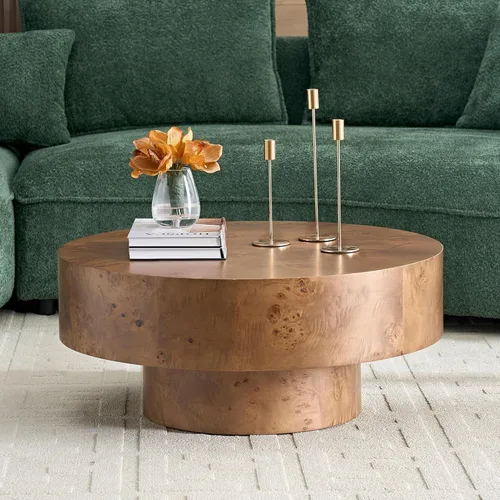 Miniatura 18 de Mesa de centro moderna de madera redonda acanalada, Ø31.5 x 13.8 pulgadas de alto, espacio pequeño, color marrón, tambor circular, centro estriado