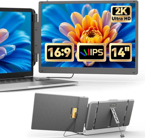 Cenerius Extensor de pantalla para portátil ultra claro 2K de 14 pulgadas, monitor dual portátil para portátiles de 13 a 17 pulgadas, pantalla IPS