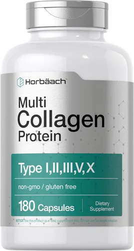 Horbäach Proteína de colágeno múltiple 2000 mg | 180 cápsulas | Colágeno hidrolizado tipo I, II, III, V, X | Apto para dieta cetogénica y paleo, sin