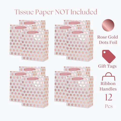 Miniatura 4 de UNIQOOO 12 bolsas de regalo de papel de aluminio de oro rosa a granel, lunares rosas con etiqueta, bolsas de papel kraft de reciclaje duraderas