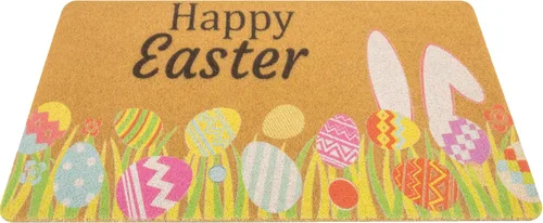 IZUS Felpudo de bienvenida de primavera de Pascua, antideslizante, fibra de coco al aire libre, decoración de entrada, tapete para puerta delantera,