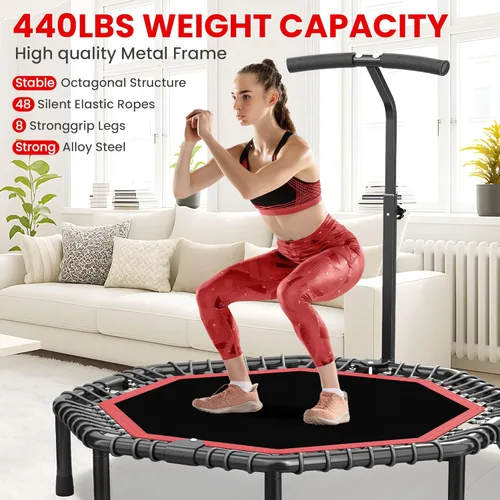 Miniatura 2 de Trampolín de rebote octogonal de 50 pulgadas para adultos, rebote de fitness con cuerdas elásticas silenciosas, barra de mango ajustable en T