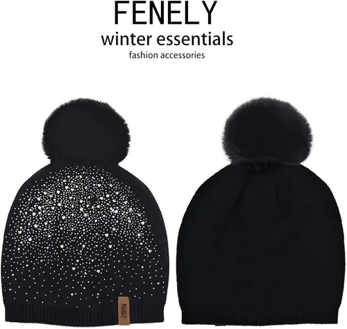 Miniatura 5 de Gorro de invierno para mujer con pompón de piel sintética cálido suave con diamantes de imitación para mujer