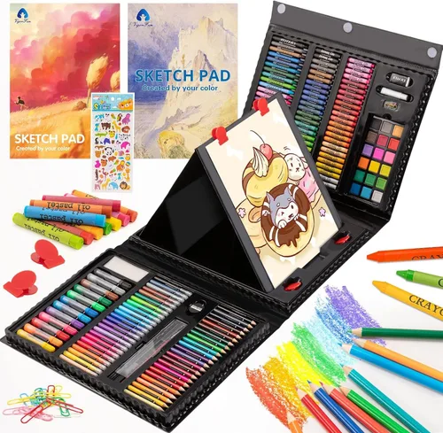 VigorFun Suministros de arte, juego de arte de 240 piezas, kits de dibujo para manualidades con caballete triple de doble cara, blocs de bocetos,