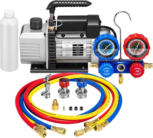 VIVOHOME 110 V 1/4 HP 3.5 CFM Bomba de vacío HVAC de paletas rotativas de una sola etapa y juego de manómetro AC de 3 vías con mangueras de 4 pies y