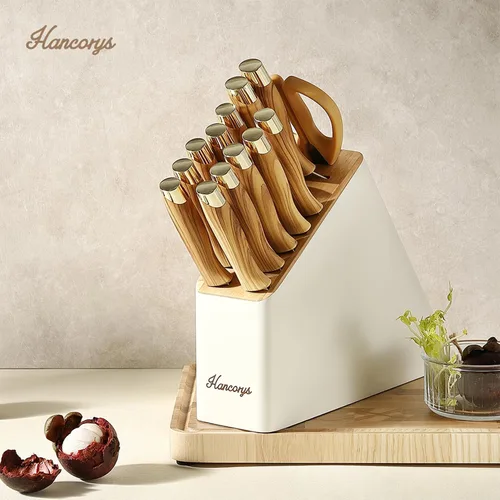 Miniatura 3 de Juego de cuchillos de cocina con afilador, juego de cuchillos de acero inoxidable alemán dorado con bloque y mango ergonómico de grano de madera