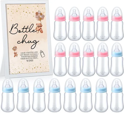 Miniatura 11 de Roowest Bottle Chug Baby Shower Games Favores que incluyen 18 botellas con 1 botella de chug de madera para revelación de género y suministros