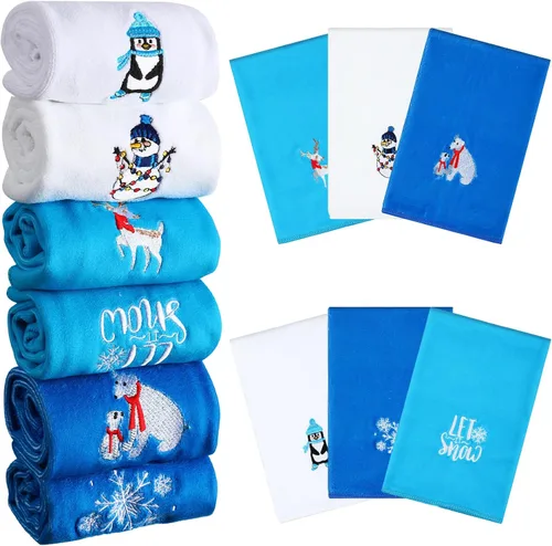 Miniatura 10 de Ganeen 6 toallas de mano navideñas para baño, 12 x 18 pulgadas, juego de toallas de cocina de muñeco de nieve azul, juego de toallas decorativas