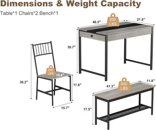 Miniatura 2 de IDEALHOUSE Juego de mesa de comedor para 4 personas, mesa de cocina pequeña y 2 sillas para 4 con banco, juego de mesa rectangular de granja de Gris