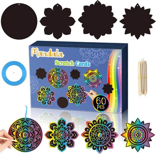 BeYumi Diwali - Juego de 60 tarjetas para rascar con mandala, para niños, para manualidades, papel mágico para rascar, para colgar, adornos florales
