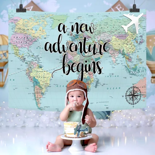 Miniatura 4 de Una nueva aventura comienza viajando niño, decoración de fiesta de baby shower, telón de fondo, mapa del mundo alrededor del mundo, aventura espera