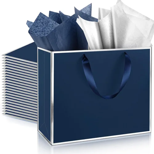 Miniatura 13 de ReliThick Paquete de 12 bolsas de regalo de papel metálico con asas y papel de seda de 11.8 x 10 x 4 pulgadas, bolsa de agradecimiento para Azul