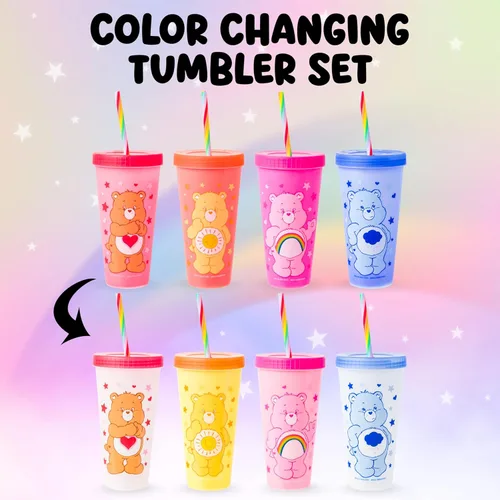 Miniatura 2 de Silver Buffalo Care Bears Corazones y Estrellas Juego de 4 Vasos de Plástico Cambian de Color con Popotes de Espiral Arcoíris con Tenderheart