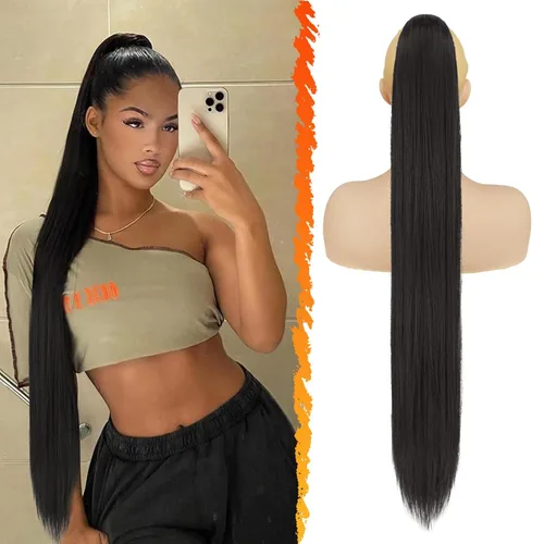 Miniatura 30 de BARSDAR Extensión de cola de caballo corta y recta - Extensiones de pelo con cordón de 16 pulgadas, rubio para mujeres - Extensiones de pelo Rubio