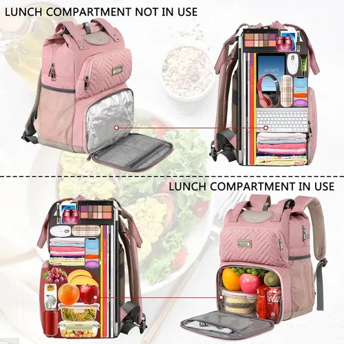 Miniatura 5 de Lonchera-Mochila para mujeres, mochilas con aislamiento térmico con bolsillo RFID, resistente al agua, mochila con puerto USB, portátil de 15,6