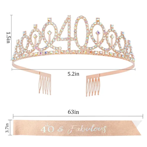 Miniatura 7 de Kit de corona de banda y diamantes de imitación para cumpleaños número 40, regalos de cumpleaños número 40 para mujeres (AB oro rosa)