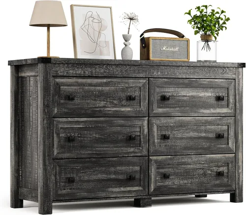 Miniatura 7 de HUANLEGO Cómoda negra para dormitorio con 6 cajones, cómoda moderna, cómoda de madera, muebles de dormitorio, amplio organizador de almacenamiento