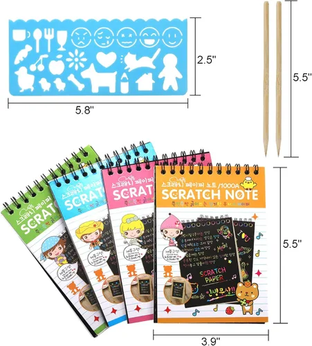 Miniatura 2 de Suwimut Paquete de 24 cuadernos de papel para rascar para niños, cuadernos para colorear negros con 24 lápices ópticos de madera y 4 plantillas