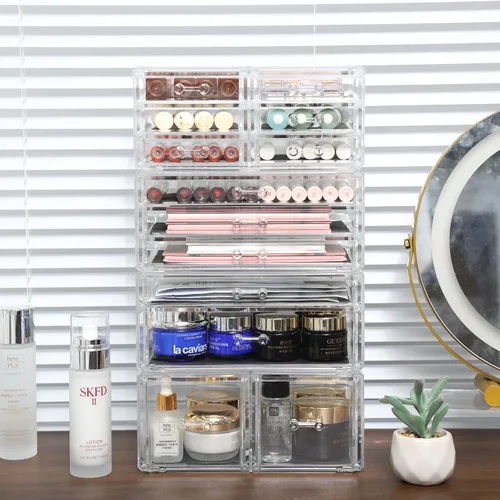 Miniatura 8 de Cq acrílico 4 Pack Organizador de Cajones de Acrílico Transparente para Encimera, Almacenamiento de Maquillaje Apilable con 13 Cajones, Organizador