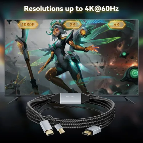 Miniatura 4 de BolAAzuL Cable adaptador HDMI a DisplayPort de 6.6 pies 4K 60Hz, entrada HDMI macho alimentada por USB a salida macho DP para Xbox Series X, PS5