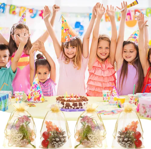 Miniatura 5 de Hopttreely 100 bolsas de regalo de organza dorada, 4 x 6 pulgadas, bolsas de malla de satén con cordón para dulces y regalos, bolsitas para joyas