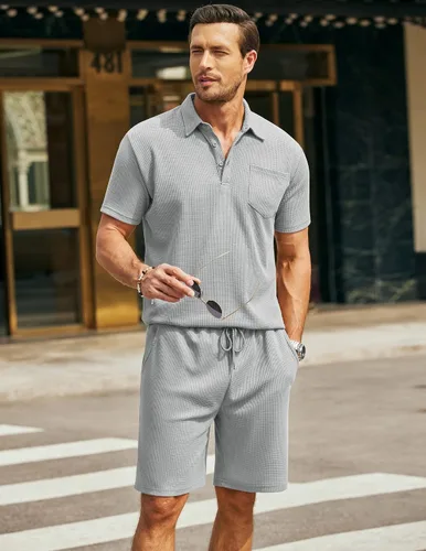 Miniatura 46 de COOFANDY Conjunto de camisa polo y pantalones cortos de punto gofre para hombre, conjunto de 2 piezas, traje de verano casual con bolsillos
