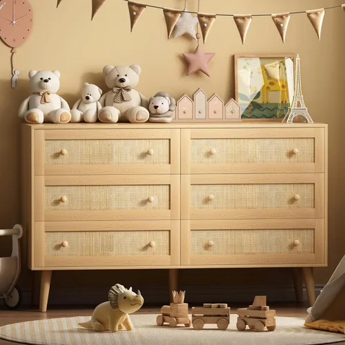 Miniatura 4 de HUANLEGO Cómoda de ratán para dormitorio, cómoda moderna de 6 cajones y cómoda, cómoda bohemia natural con asas, organizador de almacenamiento