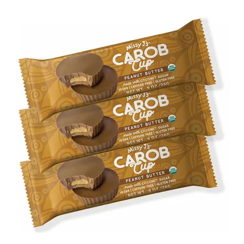 Missy J's Tazas de algarroba de mantequilla de maní orgánica de 0.9 onzas cada una, paquete de 3 hechas con azúcar de coco, vegano, sin gluten y