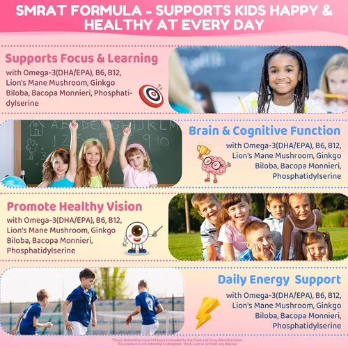 Miniatura 6 de Omega 3 para niños y adolescentes, vitaminas de enfoque para niños con melena de león, súper verdes, luteína, metil B12 B9, para enfoque cerebral