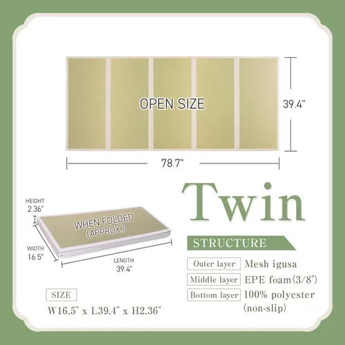 Miniatura 2 de Tatami Mat – Colchón plegable de tatami japonés Igusa, futón para dormir en el suelo de hierba rush, meditación, yoga Zen Tatami, individual XL por