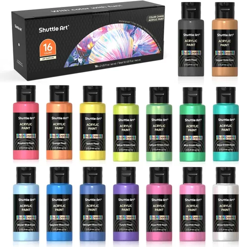 Conjunto de pintura acrílica de cambio de color Shuttle Art, 16 colores camaleón en botellas (60ml/2oz), pintura acrílica no tóxica para artistas,