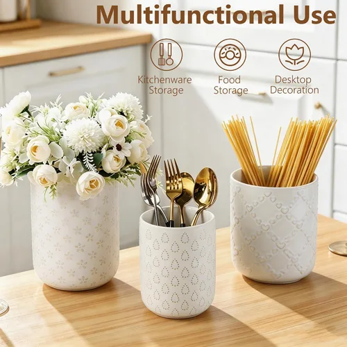 Miniatura 4 de Soporte para utensilios de cocina en relieve, recipiente de cerámica blanca para encimera, organizador grande de utensilios para espátula, cuchara