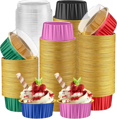 Miniatura 24 de Paquete de 200 Moldes de Papel de Aluminio para Hornear Cupcakes de 5oz Forros para Cupcakes Tazas de Postre con Tapas Moldes Desechables para Verde