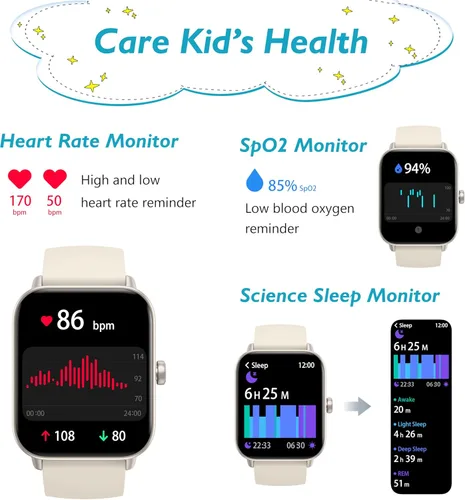 Miniatura 5 de KALINCO Reloj inteligente para niños, reloj inteligente impermeable IP68 para natación, reloj de seguimiento de actividad física de 1.8 pulgadas