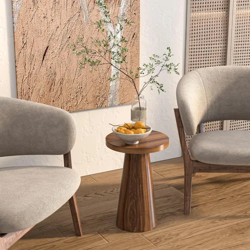 Miniatura 6 de Mesa auxiliar redonda acanalada, pedestal pequeña para sala de estar, mesita de noche moderna de mediados de siglo, mesitas de noche de madera