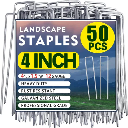 Miniatura 7 de Paquete de 50 grapas de paisaje de 4 pulgadas, estacas de jardín galvanizadas, pines de grapas de jardín antióxido, estacas de suelo para barrera