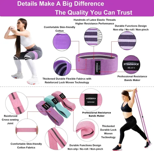 Miniatura 6 de STANDROCK Bandas de resistencia de tela para entrenamiento, bandas de 3 y 4 niveles, bandas de resistencia largas para mujeres y hombres Bandas